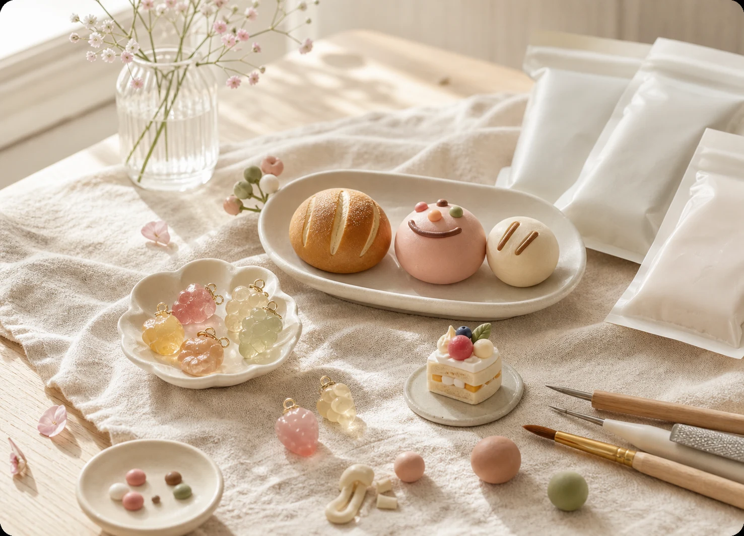 Natural-light ResinDrip miniature resin clay food, charms, tools, and material packs