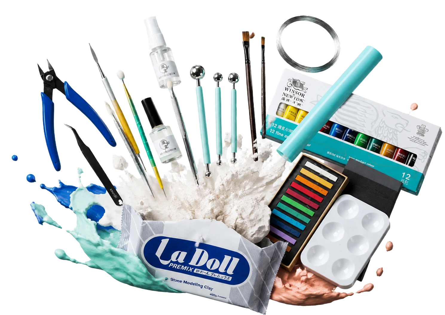 Resin clay, sculpting tools, paint, wire, glaze, and miniature craft supplies