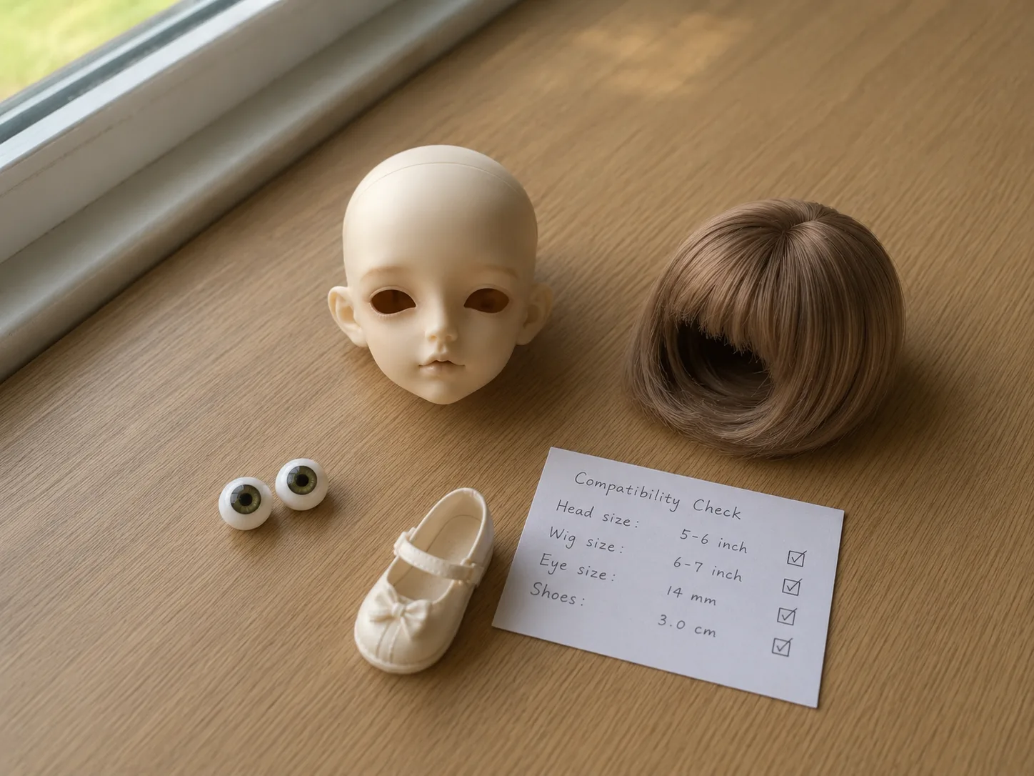 BJD compatibility check with doll head, wig, eyes, shoes, and buyer checklist.
