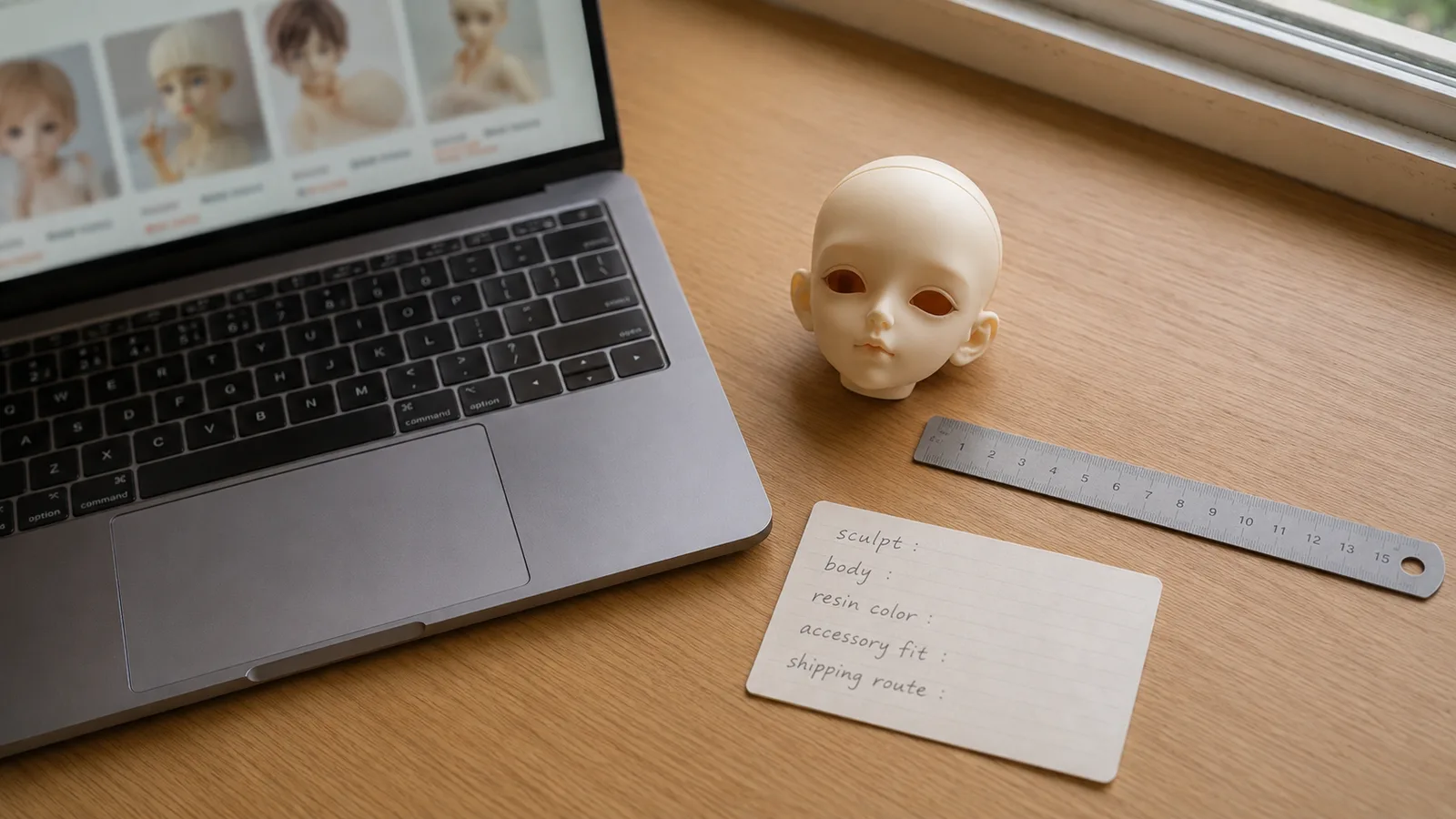 Natural light BJD shopping shortlist desk with laptop catalog, resin head, ruler, and buyer notes.