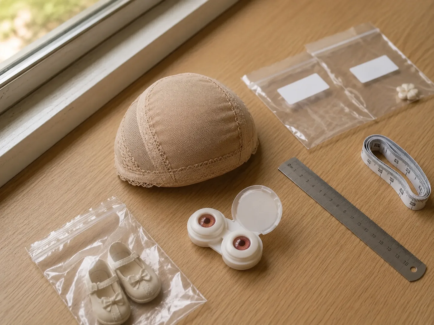Natural light phone photo of BJD wigs, doll head, eye case, measuring tape, and caliper.