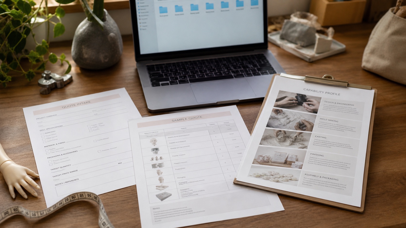 BJD sourcing documents including intake template, sample quote sheet, and capability profile.