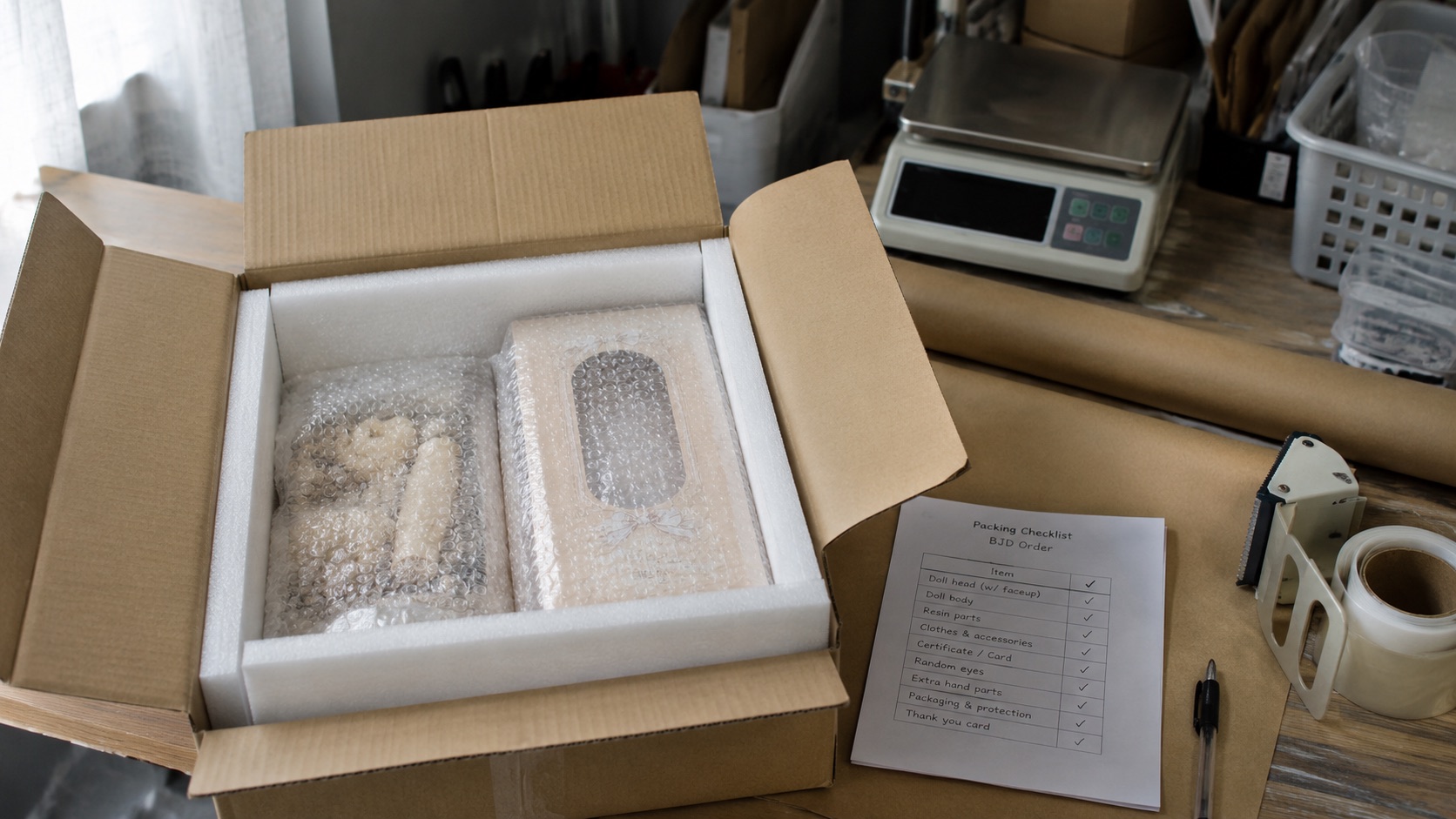 BJD order packing evidence with protective foam, carton, checklist, and shipping prep.
