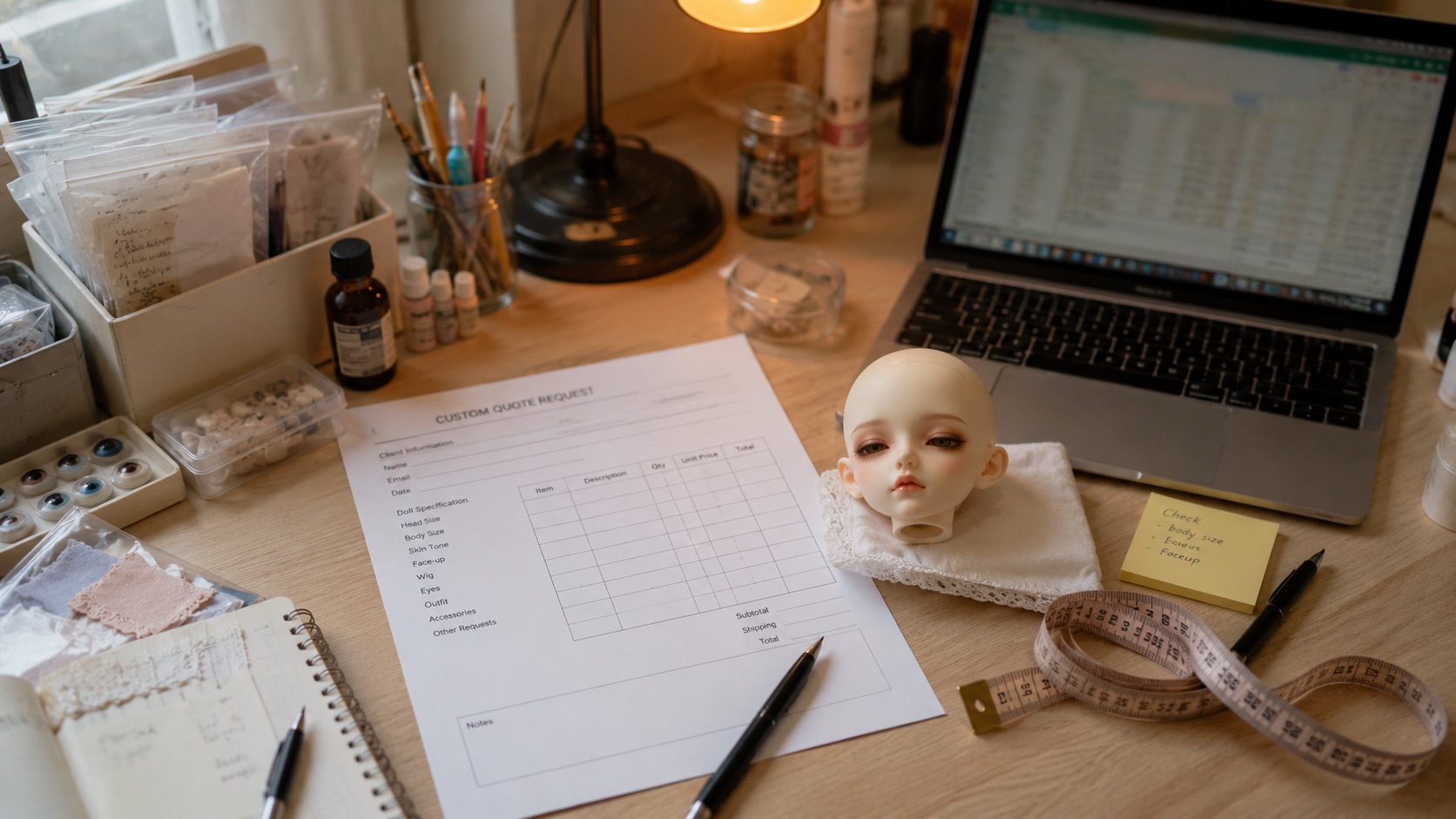 BJD quote preparation desk with worksheet, laptop, resin doll head, measuring tape, and notes.